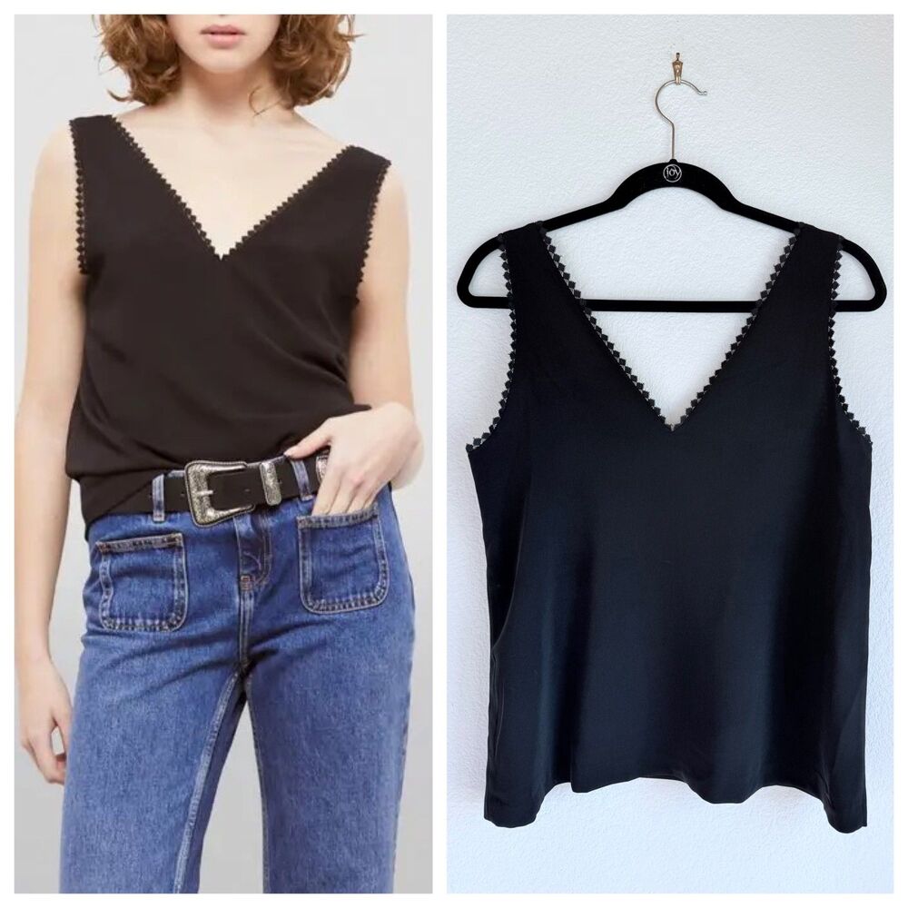 NEW The Kooples Diamond Lace Trim V-Neck Low Back Tank Top in Black Size 1 (US4)